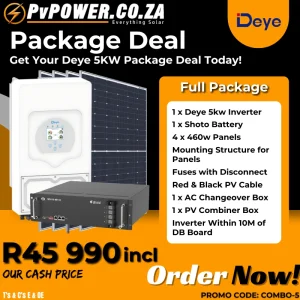 5kw Deye Full Package Deal, 5.5kw Inverter, 1 x 5.12kw battery and Panels